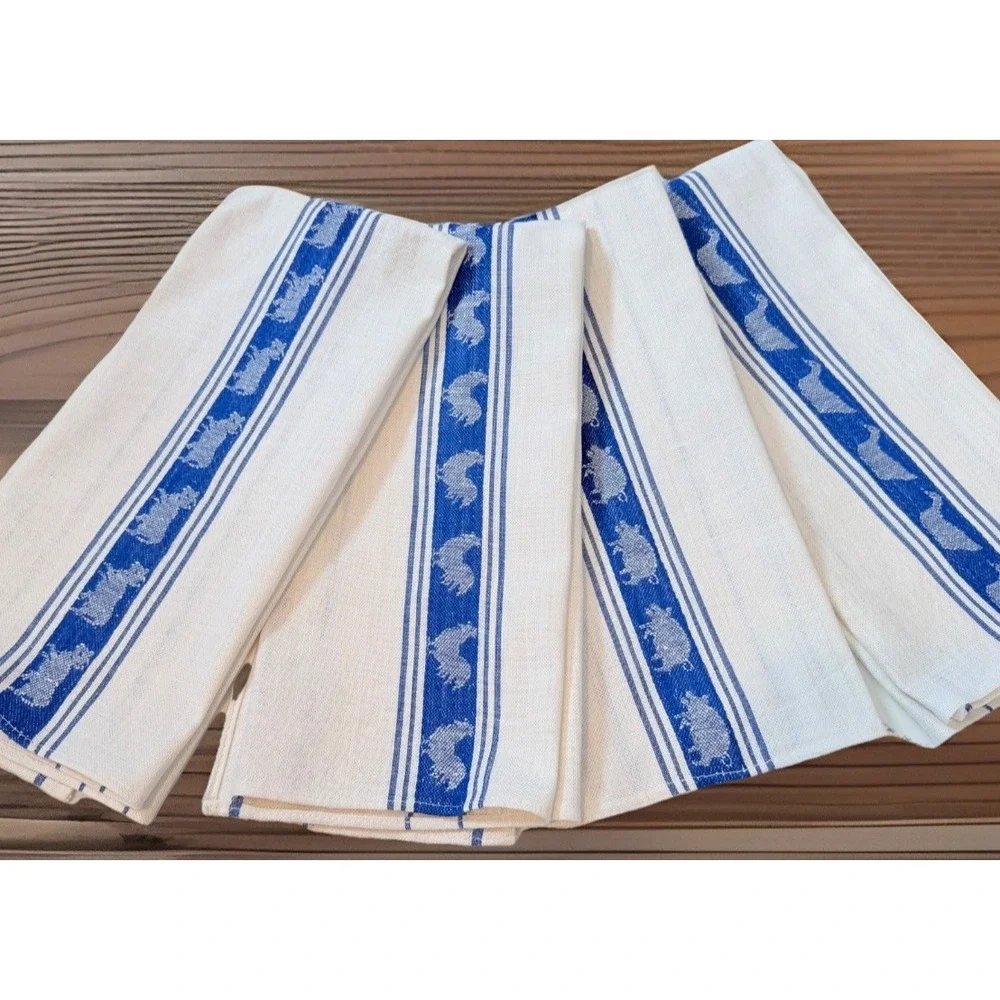 VTG Kitchen Dish Towel Blue White Stripe Shabby Farmhouse Hen Rooster NOS 4PC